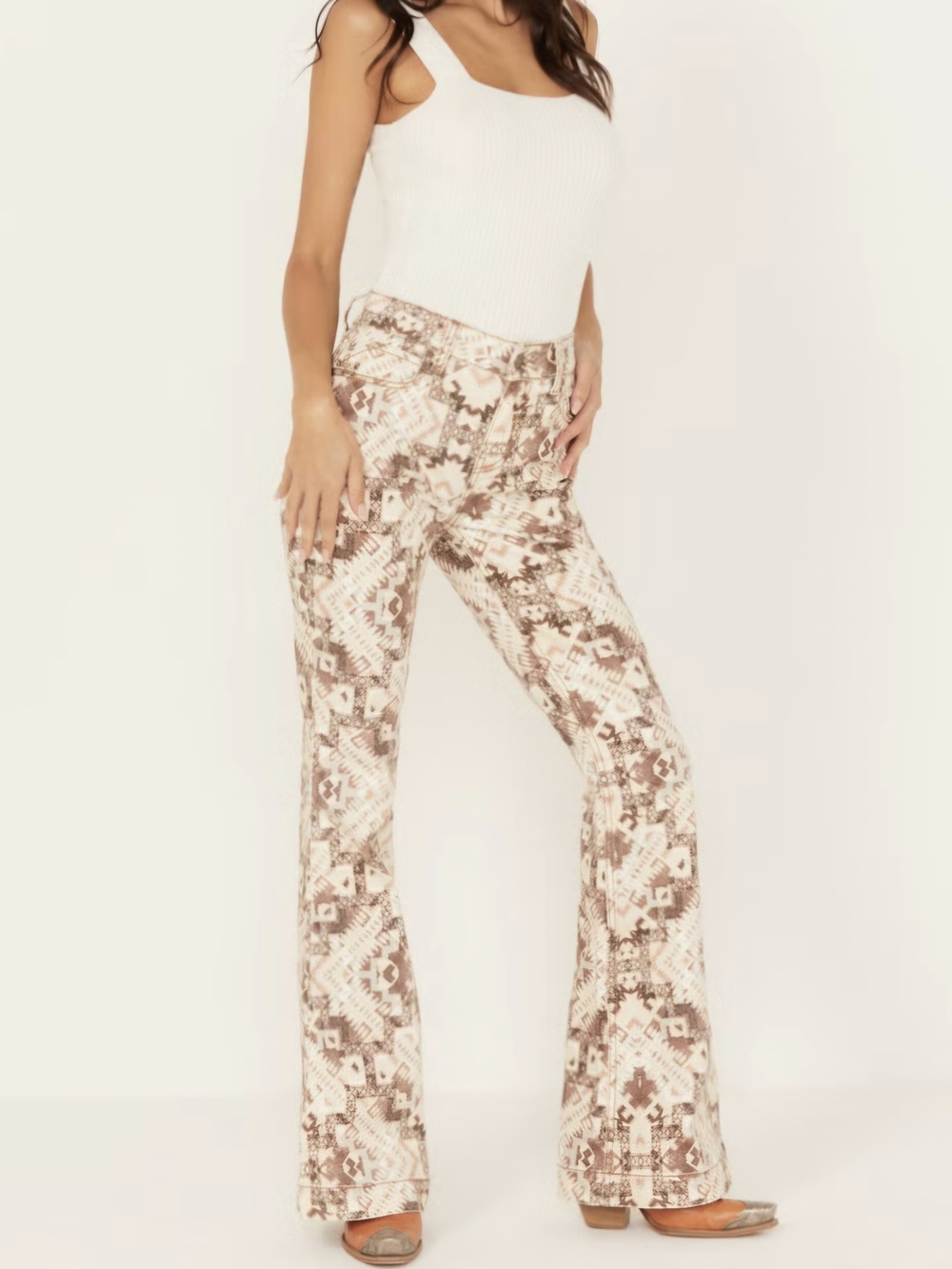 Shyanne Cream & Brown Geometric Flared Jeans Size 24